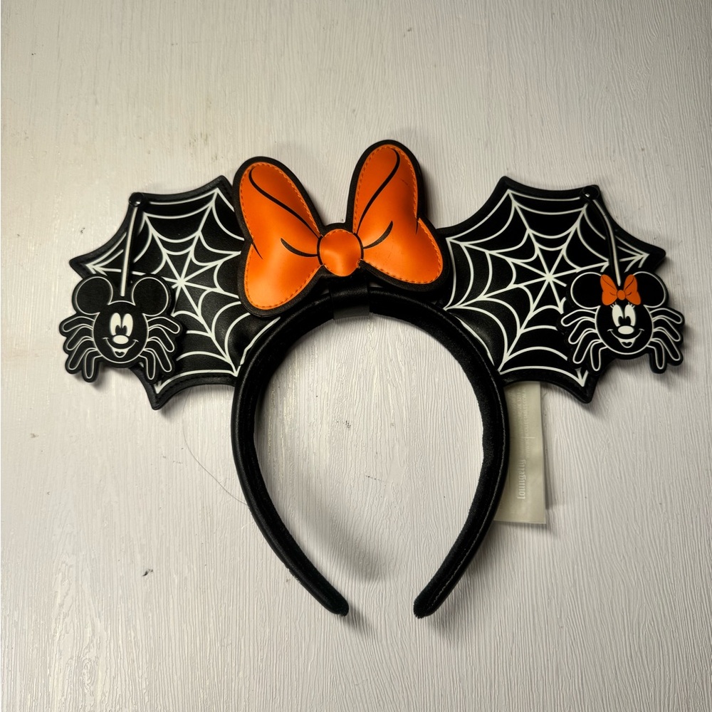Halloween Loungefly  Spider Web Mickey & Minnie Ear Headband with Orange Bow